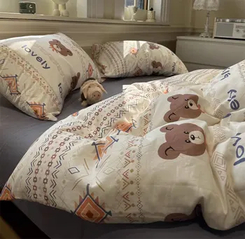 Madingas mielas animacinis meškiukas patalynės komplektas vaikas paauglys,dvynys pilnas karalienės geometrinės medvilnės namų tekstilinės lovos paklodės pagalvės užvalkalas antklodės užvalkalas