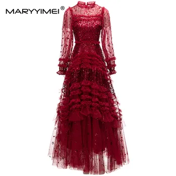 MARYYIMEI Mados dizainerė Pavasarinė moteriška balinė suknelė Suknelė ilgomis rankovėmis Tinkliniai blizgučiai Ruffles Slim Elegant Party S-XXXL Maxi suknelė