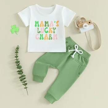 Mažyliai berniukai Vasaros aprangos komplektai Trumpomis rankovėmis laiškų atspaudai ir sutraukiamų kelnių komplektai