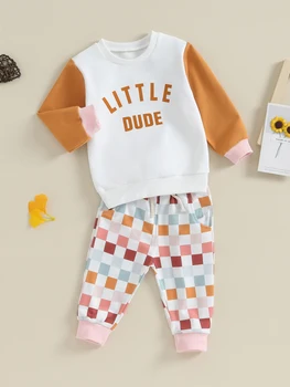 Mažylio berniuko rudens apranga Kūdikio laiškų spausdinimas marškiniai ilgomis rankovėmis ir šaškių lentos kelnės Mielas vaikiškas 2 dalių rinkinys