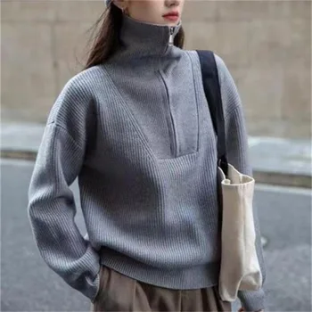 Megztinis su užtrauktuku moterims, pilka spalva , oversize laisvi džemperiai, gatvės drabužiai laisvalaikio megztiniai, megztiniai, džemperiai