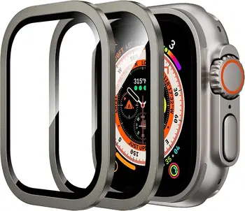 Metalinis buferis + grūdintas stiklas, skirtas Apple Watch Ultra 49mm priedai HD Ultra įbrėžimams atspari ekrano apsauga, skirta IWatch Ultra 49mm