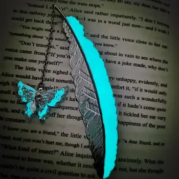 Metalinė žymė Šviečianti metalinė plunksna Žymė su drugelio pakabuku Elegantiškas knygų žymeklis Vaikams dovanų mokykliniai reikmenys