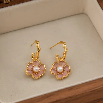 Minar Cute Pink Color Emalio gėlių lašo auskarai moterims mergaitėms 18K Tikras auksaspalvis žalvaris Gėlavandenis perlas C formos auskaras
