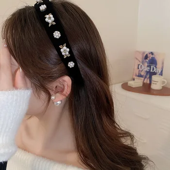 Minar Elegant Simulated Pearls Camellia Flower Headband for Women Black Color Velvet Wide Brimmed Hairbands Hair Accessories