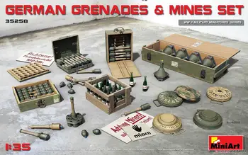 MINIART 35258 1/35 mastelio vokiškų granatų ir minų rinkinys (plastikinis modelis)