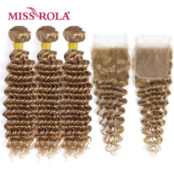 Miss Rola Hair Peru Deep Wave Žmogaus plaukų audimas su 4x4 nėrinių užsegimu Blondinė 99J Ombre kokybės Remy plaukų ryšulių užsegimai