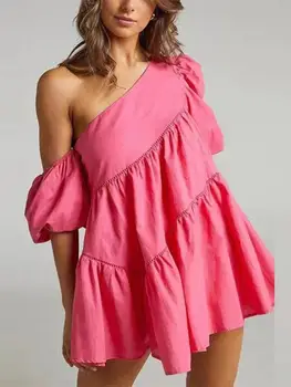 Missuoo Suaugusi moteris Stilinga mini suknelė 2023 Vasara Nauja įstrižainė apykaklė Trumpomis pūstomis rankovėmis A-Line Laisvos suknelės moterims