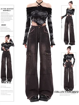 Moteriški juodi krovininiai džinsai Vintage Y2k 90s Oversize džinsinės kelnės Emo 2000s Harajuku Aukšto juosmens kaubojiškos kelnės Trashy Drabužiai 2023