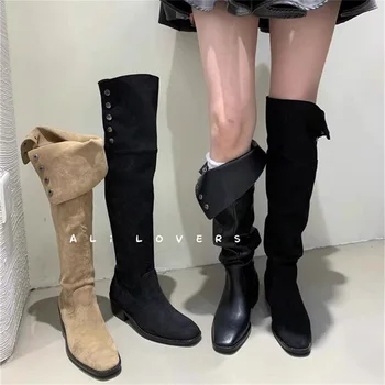 Moteriški kaubojiški batai Žieminė avalynė Seksuali šlaunų aukštakulniai Aukšti seksualūs džinsiniai guminiai Rudens oda 2023 Moterys virš kelių