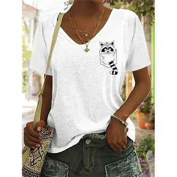 Moteriški marškinėliai su V formos kaklu Šuo Atspausdinti grynos spalvos laisvalaikio marškinėliai Mada Trumpomis rankovėmis Viršgabaritiniai laisvi trišakiai 2023 m. vasara