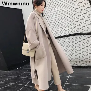 Moteriški šilti vilnoniai paltai Žieminiai korėjiečių mados vidutinio ilgio striukės diržas Megztinis Laisvas Chaquetas Casual Oversized 4xl paltas