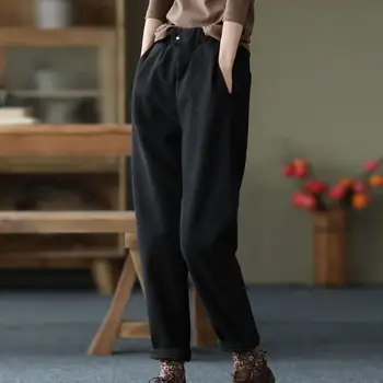 Moteriškos kelnės Minkštos šiltos moteriškos Haremo kelnės Plush Slim Fit Aukštos juosmens kulkšnies ilgio kelnės su elastinėmis juosmens kišenėmis