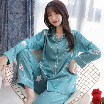 Moteriškų pižamų komplektai Šilkinė pižama Moteriški miego drabužiai Pavasario vasaros namų apranga Satin Rudens laisvalaikio kostiumas 3Xl 4Xl 5Xl