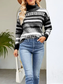 Moterys s ilgomis rankovėmis dryžuotas megztinis Turtleneck Casual Loose Side Split Briaunotas Megit Oversized Pullover Jumper Tops