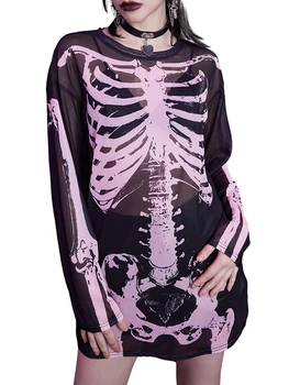 Moterys ūmios s Helovinas Ilgas tinklelis Tops ilgomis rankovėmis Crewneck Fashion Skull Print Gotikiniai marškinėliai