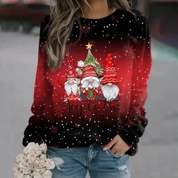 Moterų nauji laisvalaikio marškinėliai Fashion Christmas Print Pullover 2023 Ruduo/Žiema Laisvos rankovės Apvalus kaklas plius Dydis Viršus