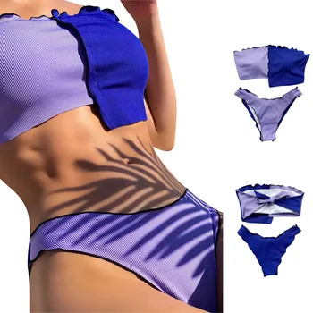 Moterų vasaros spalvų kontrasto sujungimas Bikini Wrap Chest High Elastic Madingas maudymosi kostiumėlis