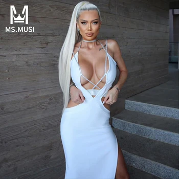 MSMUSI 2024 Nauja mada Sexy Strap Halter Crystal Sleeveless Hollow Out Backless Bandage Party Club Bodycon Event Maxi Dress