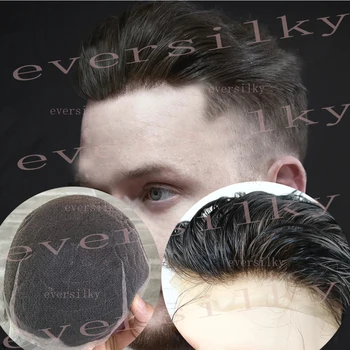 Natūrali plaukų linija Nematomi baliklio mazgai pilni nėriniai kvėpuojantys vyrai Toupee Juodas itin patvarus žmogaus plaukų peruko pakaitinis protezas