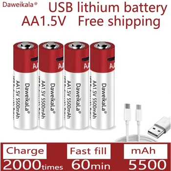 Nauja AA USB įkraunama Li jonų baterija 1.5V AA 5500mah / Li jonų akumuliatoriaus laikrodis žaislams MP3 grotuvo termometro klaviatūra