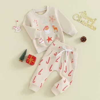 Naujagimio kelnių komplektas Baby Girls Christmas Cookie Cane Print Džemperis ir elastinės juosmens kelnės Mažylio kelnės Kostiumai