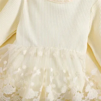 Naujagimio mergaitė Romper suknelė ilgomis rankovėmis nėriniuotas raukinys Jumpbinezonas Suknelė 3D gėlių mažylis Mergaitė Rudens drabužiai