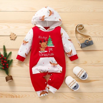 Naujagimių drabužiai 2023 Naujai atvykę kūdikiai mergaitės Berniukai Kalėdų džemperis Naujagimis Raudonas animacinis kombinezonas Vaikai Kalėdinės pižamos džemperis