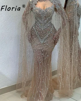 Nauji prabangūs krištolo karoliukai Dubajaus undinės vakarinės suknelės Couture Long Removable Shawl Nude Party Prom Gown Vestidos de Gala 2023