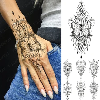 Neperšlampamas laikinas tatuiruotės lipdukas Henna Mehndi Totem Flash Tatto Drugelio gėlė Rankų pirštai Kūno menas Ranka Netikros Tatoo moterys