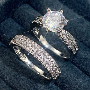 New Fashion 2Pcs/Set vestuviniai žiedai moterims Prabangūs akinantys apvalūs kubiniai cirkonio krištolo žiedai Madingi nuotakos sužadėtuvių papuošalai