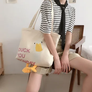 New Large Women Shoulder Shopper Bag Cute Duck Cartoon Print Casual Kawaii Canvas Tote Shopping Bag Cotton Cloth Eco Handranks