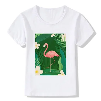 New Summer Tshirt Kids Flamingo Boy Girl Ins Wind Cartoon Super Cute White Wild Round Neck Kawaii Vaikiški marškinėliai