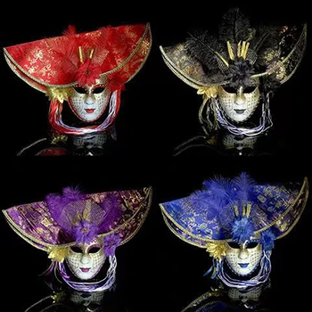 Noble Hat Venecijos moterys Maskaradinės kaukės Gėlių plunksna Cosplay Mada Vintage Papuošti festivalį Karnavalo vakarėlis Juoda Raudona Mėlyna