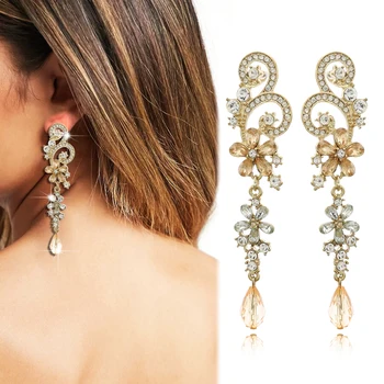 Nuotakos gėlių auskarai moterims Crystal Drop Long Dhang Flapper Art Deco Ear Studs Big Rhinestone Fashion Vestuvių papuošalų dovana