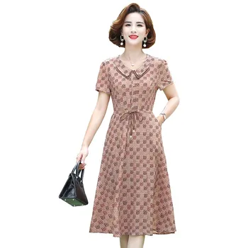 Office Lady Elegant atvartas Apykaklės spausdinimas Suknelė Korėjietiška mada trumpomis rankovėmis A-line Midi Vestido diržas Vasarinės laisvalaikio lieknos suknelės