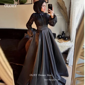 OLOEY Kuklios juodos musulmonės arabų moterys Vakarinės suknelės ilgomis rankovėmis Blizgučiai aukštu kaklu Satin Formal Party Prom Chalatai su kišenėmis