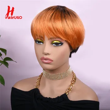 Ombre Orange Pixie Cut Perukai T1B/ORANGE Straight Human Hair Pixie Cut Perukai 180% Oranžinė pilna mašina Žmogaus plaukų perukai Hairugo