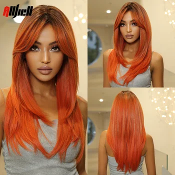 Oranžinis Cosplay perukas Ilgi sluoksniuoti tiesūs plaukai Tamsios šaknies sintetiniai perukai moterims su kirpčiukais Vakarėlis Kasdienis perukas Karščiui atsparus pluoštas