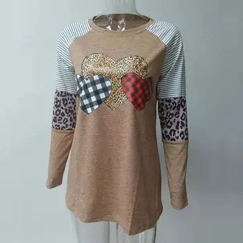 Patchwork Color Tee Shirt Leopard Print Moteriški ilgomis rankovėmis Tops Plaid Heart Patchwork Trikotažiniai marškinėliai Laisvas prigludimas Megztinis rudeniui