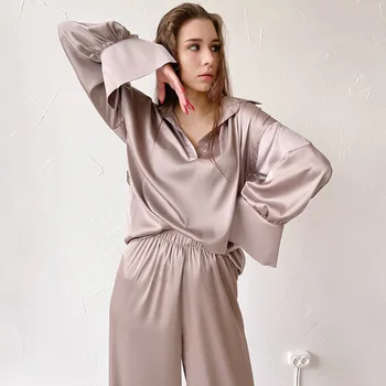 Pavasario moteriški miego drabužiai Šilkinis satinas 2PCS pižamų komplektas marškiniai ilgomis rankovėmis ir kelnės naktiniai drabužiai Priežastinės kelnės Tinka moteriškiems namų drabužiams