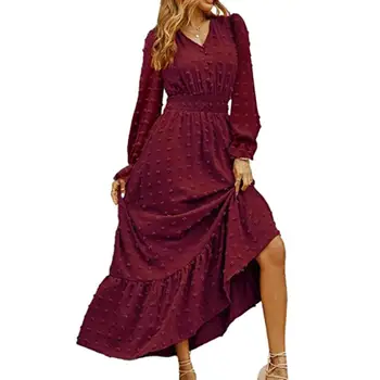 Pavasario rudens suknelė Moterys elegantiškos 2023 m. Elastinis aptemptas juosmens lopas Taškinis raukinys Laisvas apvadas ilgomis rankovėmis Sagos dekoras Boho Maxi suknelė
