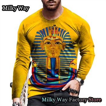 Pavasario rudens vyrai Vintažiniai marškinėliai ilgomis rankovėmis Vyras Egipto faraonas Spausdinti drabužius Atsitiktinis trišakis Senovės Egipto mitologija