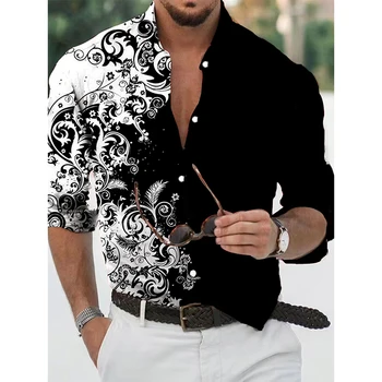 Pavasario ruduo Vyrai ilgomis rankovėmis Laisvalaikio marškiniai didelėmis didelėmis gabaritais , Vyriški atlapai Madingi 3D skaitmeninio spausdinimo marškiniai .
