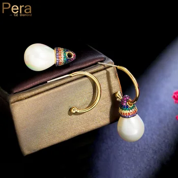 Pera asmenybė C formos lankas vaivorykštė CZ cirkonas Dangle Barokiniai perlų lašo auskarai gimtadienio papuošalai Femme Bijoux E050