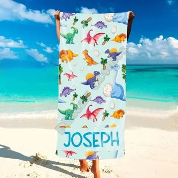 Personalizuotas paplūdimio rankšluostis su pavadinimu - dinozaurų rankšluostis, vaikų paplūdimio rankšluostis, mielas kūdikio rankšluostis gyvūno atspaudas
