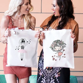 Pink Girl Print Canvas Shopper Shoulder Bags Sisters Gift Female Casual Outdoor Shopping Storage Handbag Travel Organization Bag