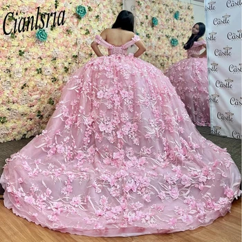 Pink Off The Shoulder Bow Quincenara Suknelės Ball Gown Gėlių aplikacijos nėriniai Sweet 15 Vestidos De XV Años