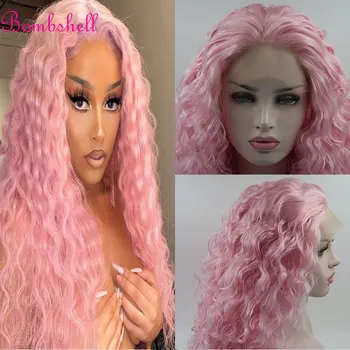 Pink Red Bouncy Garbanoti sintetiniai plaukai 13X4 nėrinių priekiniai perukai be klijų 180% tankis karščiui atsparus pluoštas Plaukų atsiskyrimas