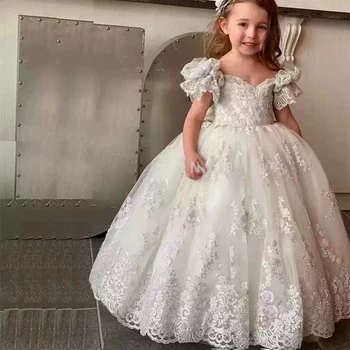 Pirmosios Komunijos suknelės Vaikų staigmena Gimtadienio dovana Mielas pūkuotas tiulis Nėrinių spausdinimas Gėlių mergaitė Suknelė Princesės kamuolys